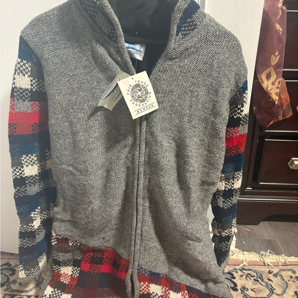 Ark & Co Gray Zip-Up Sweater with Red and Blue Accents